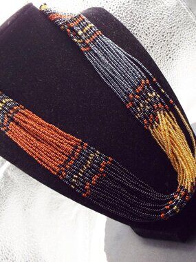 AFRICAN ZULU TRIBE MULTI STRAND GREY, BLACK, RUST & GOLD GLASS BEAD NECKLACE 36